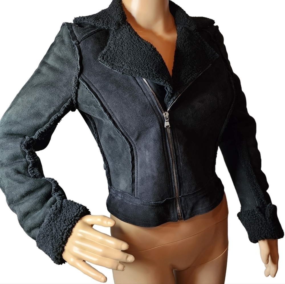L'AGENCE Charcoal Leather Jacket with Shearling Trim